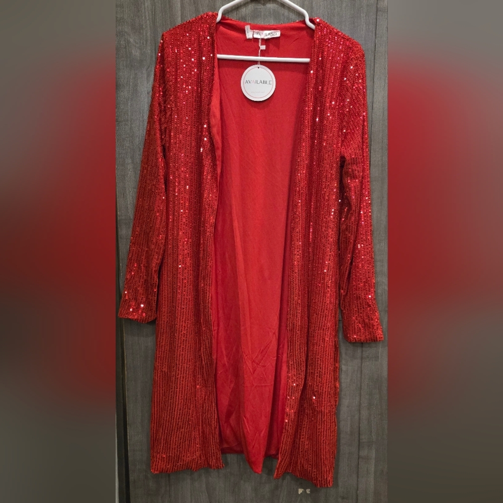Red Sequin Open Front Midi Length Cardigan